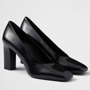 PRADA Modellerie Logo 85 Square Toe Leather Pumps Block Heels Black